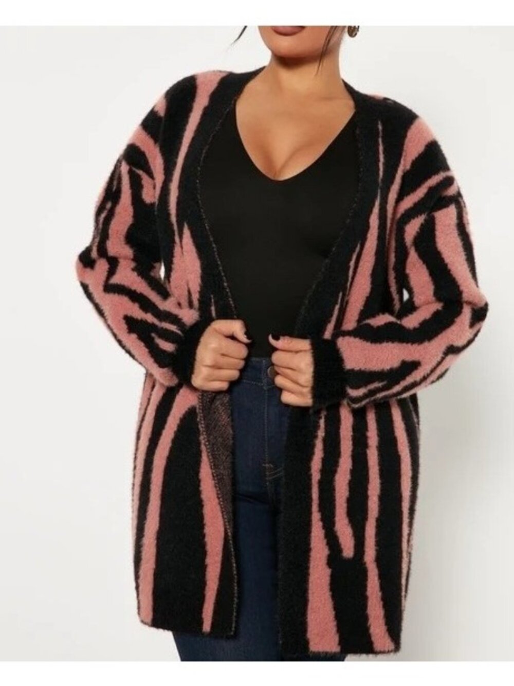 Tahari Black Pink Zebra Print Fuzzy Soft Cozy Open Front Cardigan Sweater Sz XL